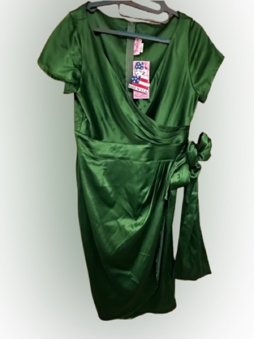 NWT Pinup Couture Ava Faux Wrap Wiggle Dress Emerald Green Satin Slit Bow XL
